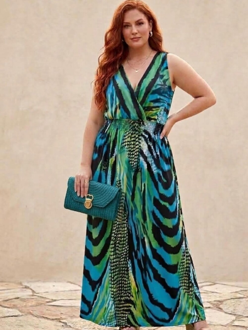 Additionelle Tropical Graphic Print V-Neck Midi Dress - Shirred Elastic Waist